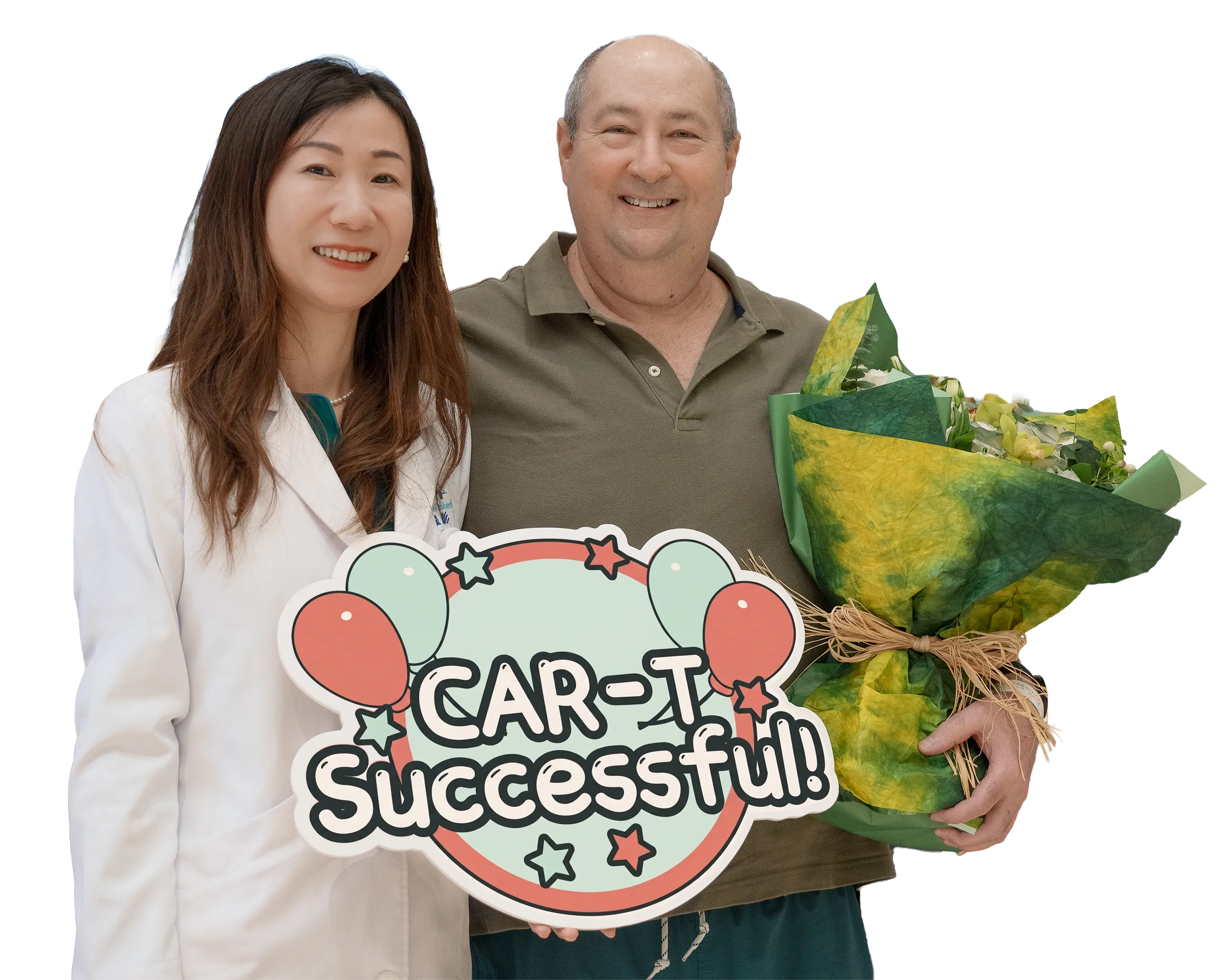 A patient holding a bouquet and a hand-lettered &ldquo;CAR-T Successful!&rdquo; sign, standing beside Dr. Lily Zhou at SinoUnited Health, Shanghai