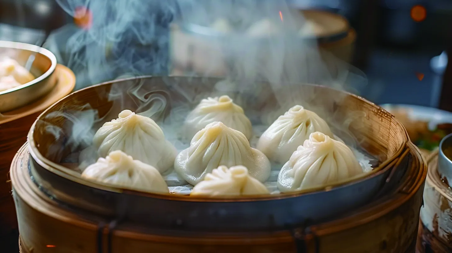 Steamed soup dumplings (xiaolongbao) in a bamboo steamer