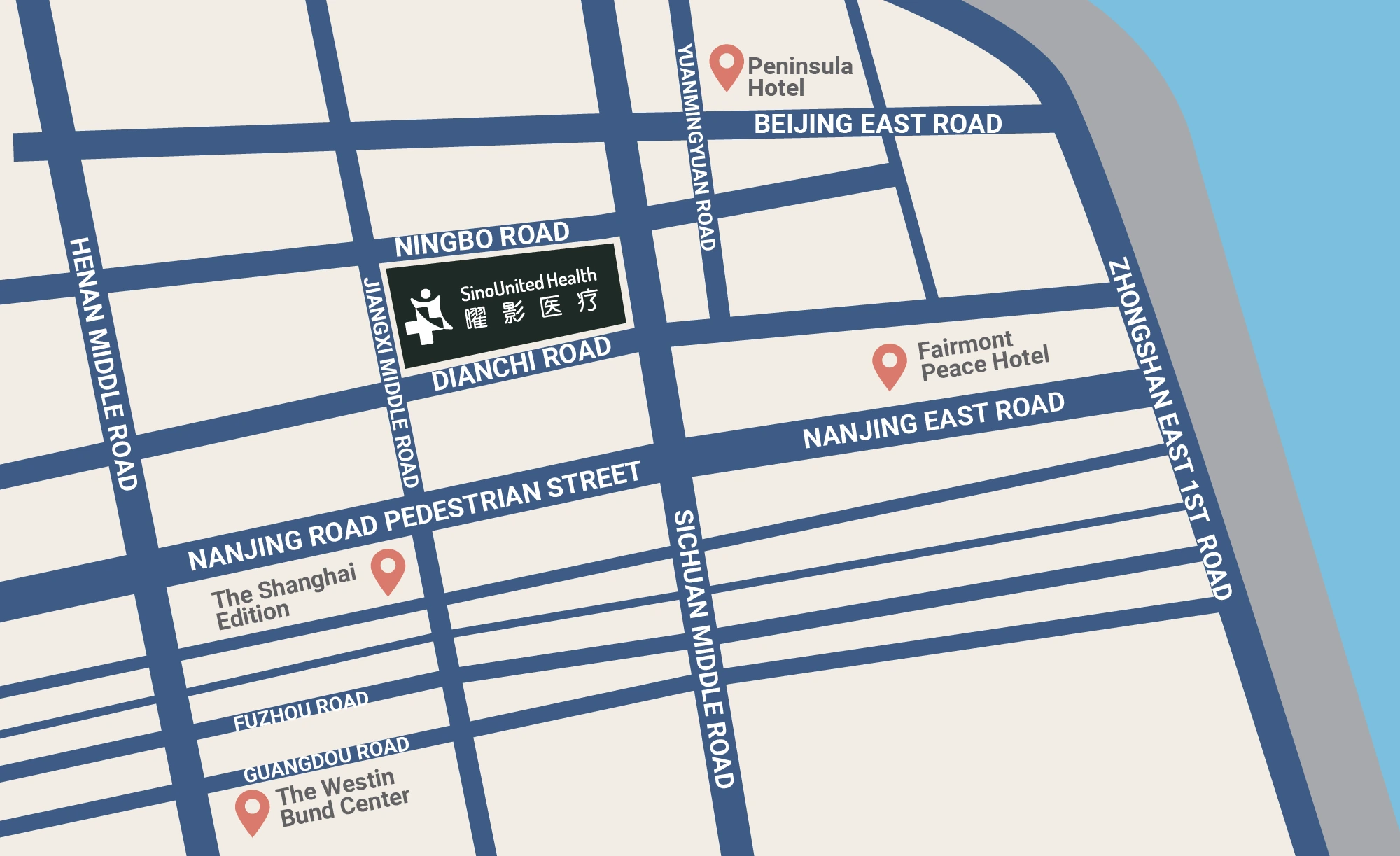 Map of central Shanghai showing Shanghai SinoUnited Hospital at No.350 Middle Jiangxi Road, on the Bund in Huangpu District