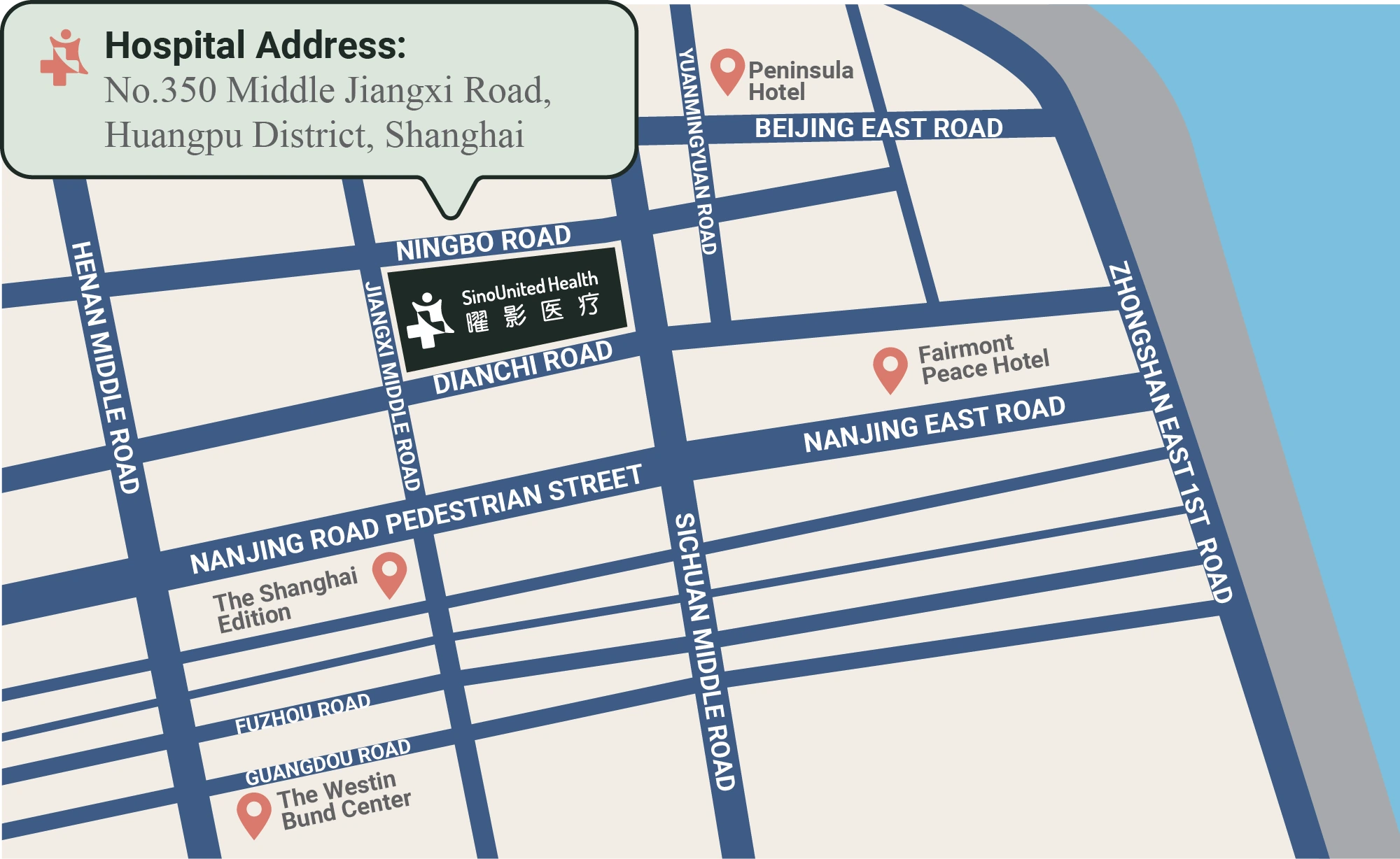 Map of central Shanghai showing Shanghai SinoUnited Hospital at No.350 Middle Jiangxi Road, on the Bund in Huangpu District